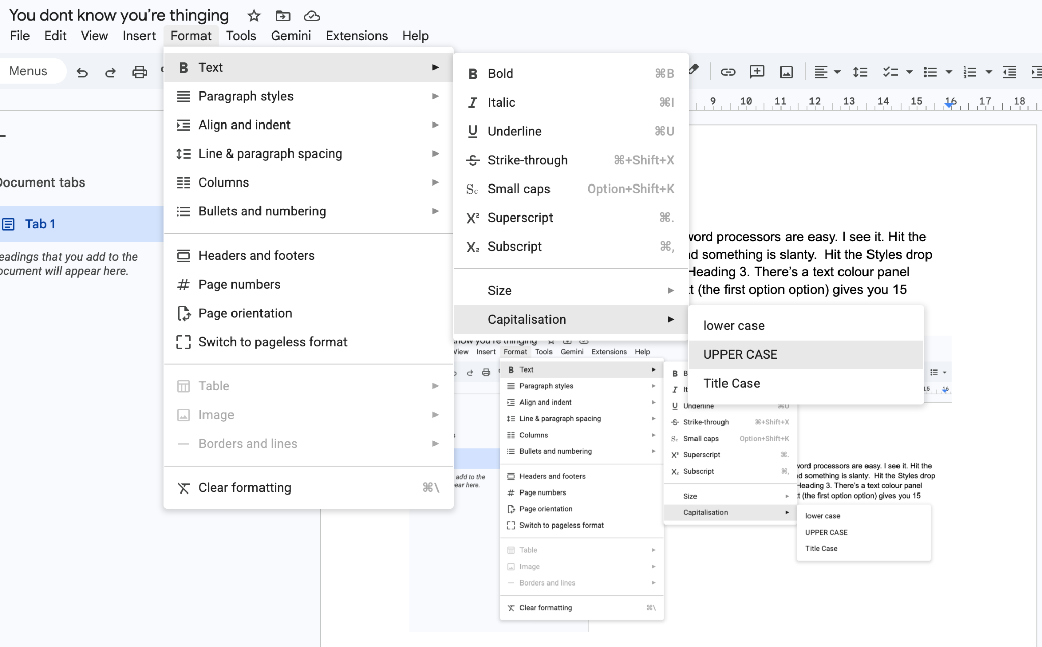 Google Docs showing the nested Format, Text and Capitalisation menus.