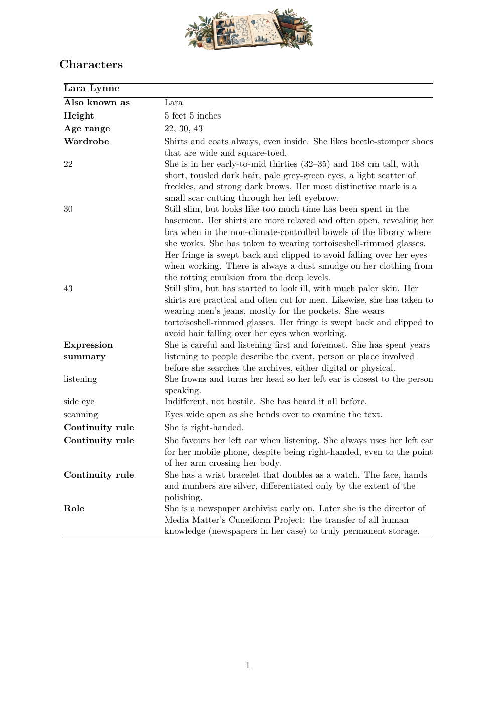 Supplied compiled character Bible laid out as a labelled reference table