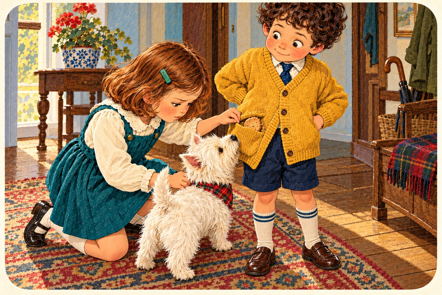 Jenny, Jake and the Westie illustrate wardrobe.