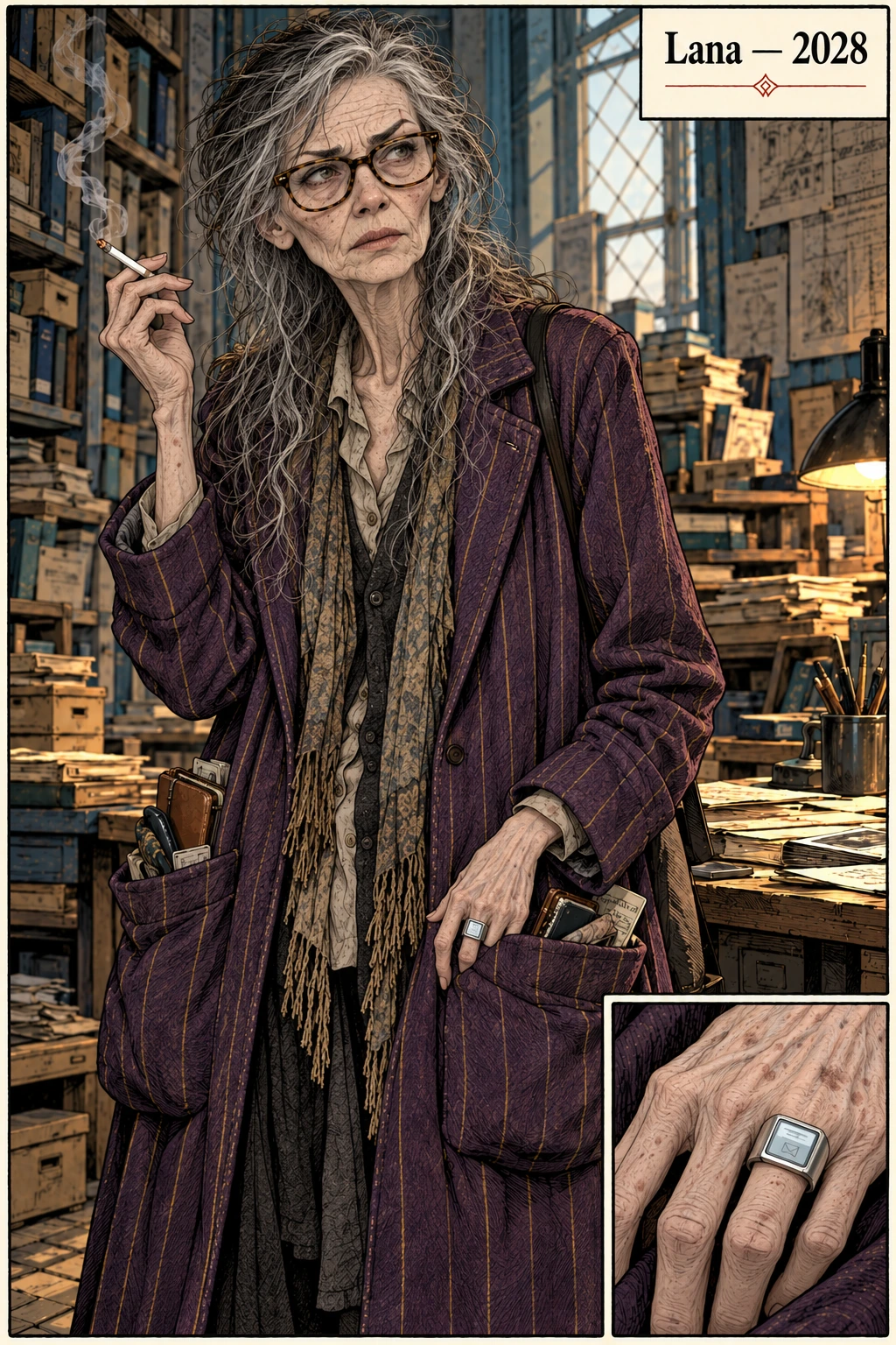 Lana in 2028: about seventy, pale and frail, in her purple coat, with a cigarette and a silver smart ring.