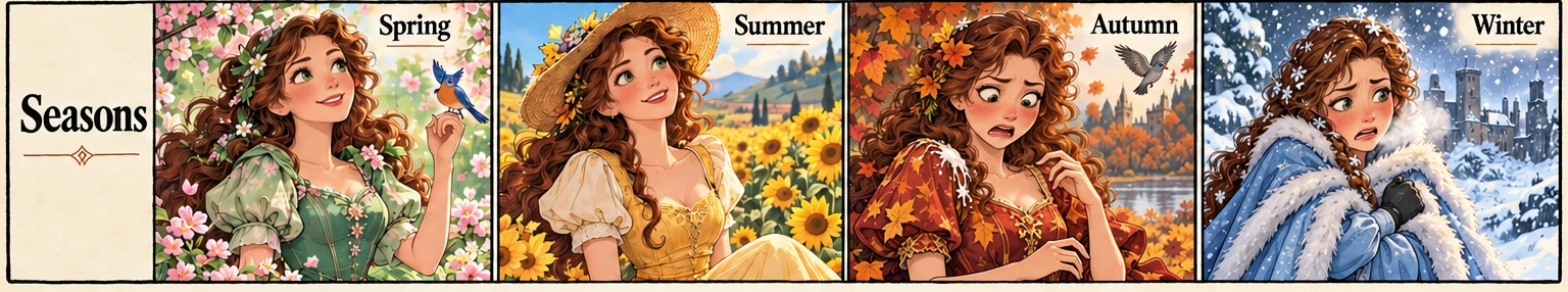 One princess in Spring, Summer, Autumn and Winter; autumn brings an unwelcome bird dropping, winter brings the cold.