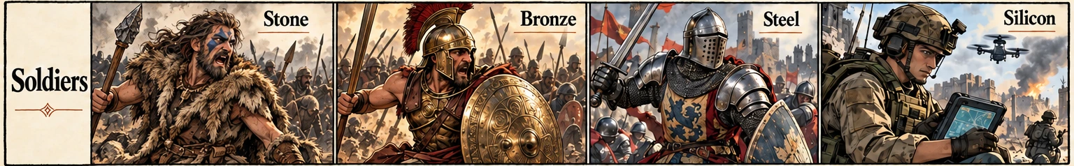 Soldiers at war in Stone, Bronze, Steel and Silicon eras.